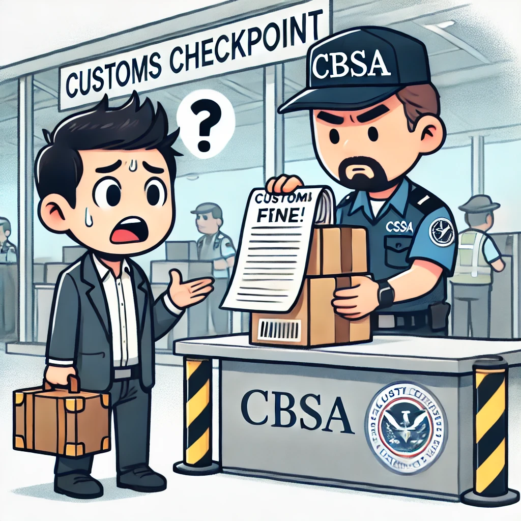 A single-panel comic of a confused business owner at a customs checkpoint receiving a fine from a CBSA officer, depicting the administrative monetary penalty system.