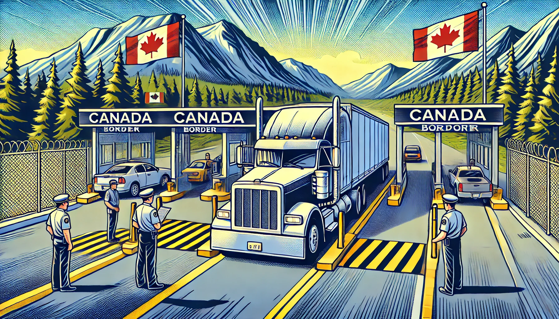 Comic-style illustration of a truck crossing the Canadian border, depicting a checkpoint scene with customs officers and barriers, representing the administrative monetary penalty system in action.