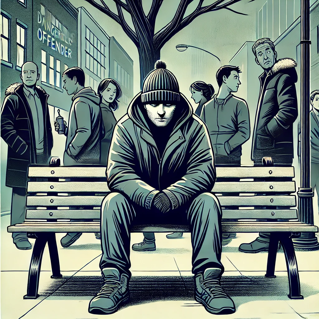 A lonely man sitting on a park bench, isolated from others, symbolizing the stigma of the Dangerous Offender label.