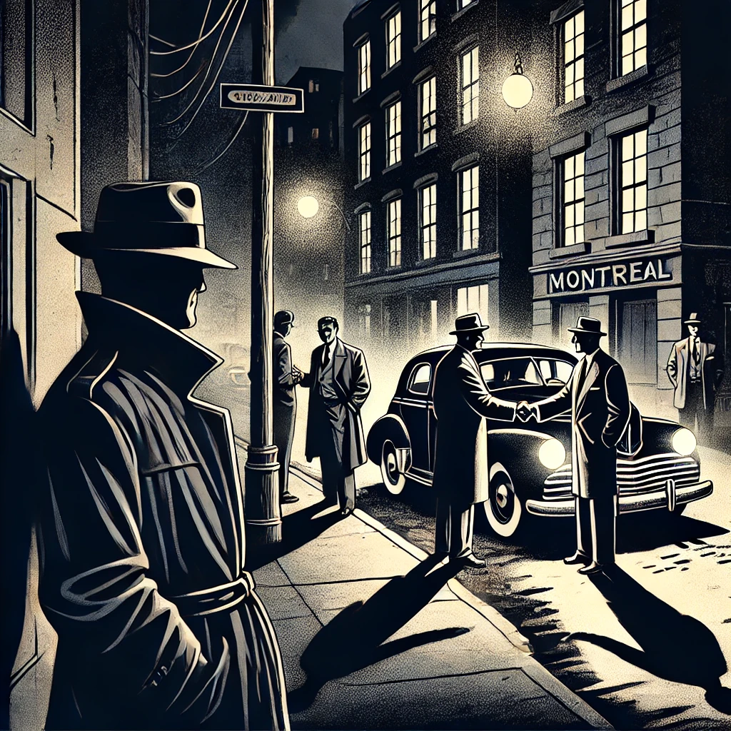 Noir-style comic of Raynald Desjardins' world, shadowy figures in a tense alleyway exchange