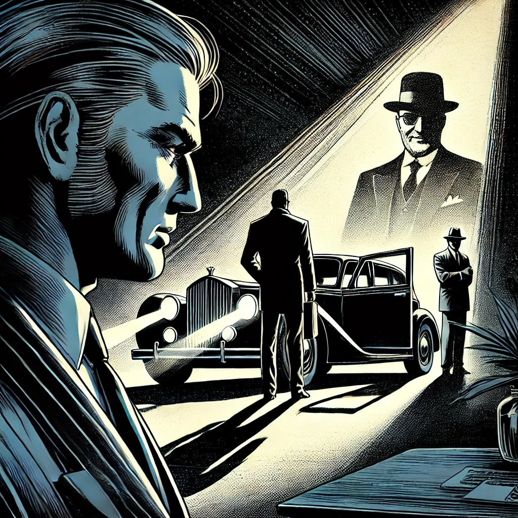 Raynald Desjardins in a noir-style comic, watching a secretive meeting in Montreal's underworld