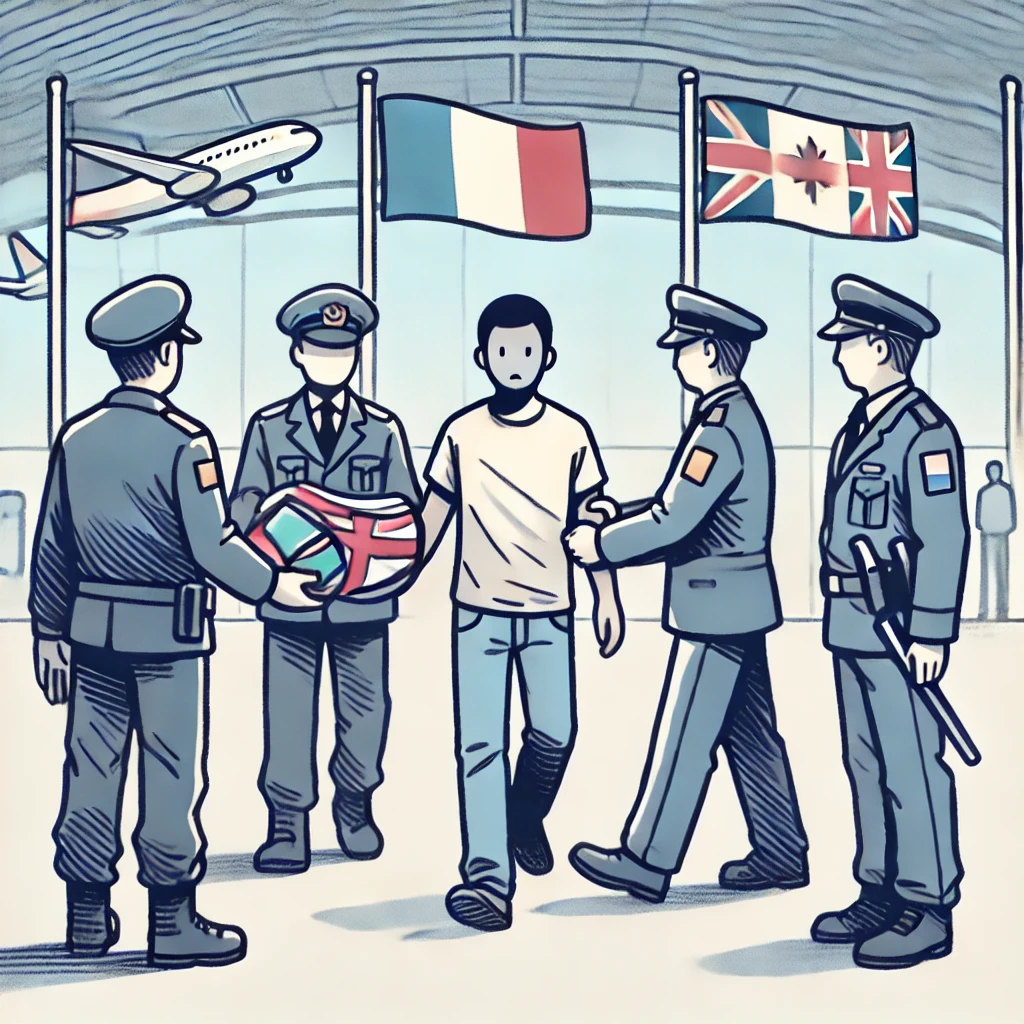 A single-panel comic depicting international extradition, showing officials from two countries transferring a person at a border.