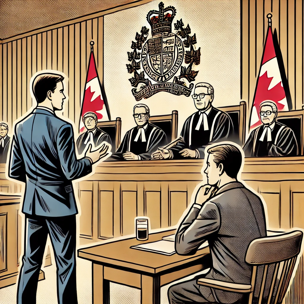 Comic-style illustration of a courtroom scene where a lawyer appeals extradition before Supreme Court judges.