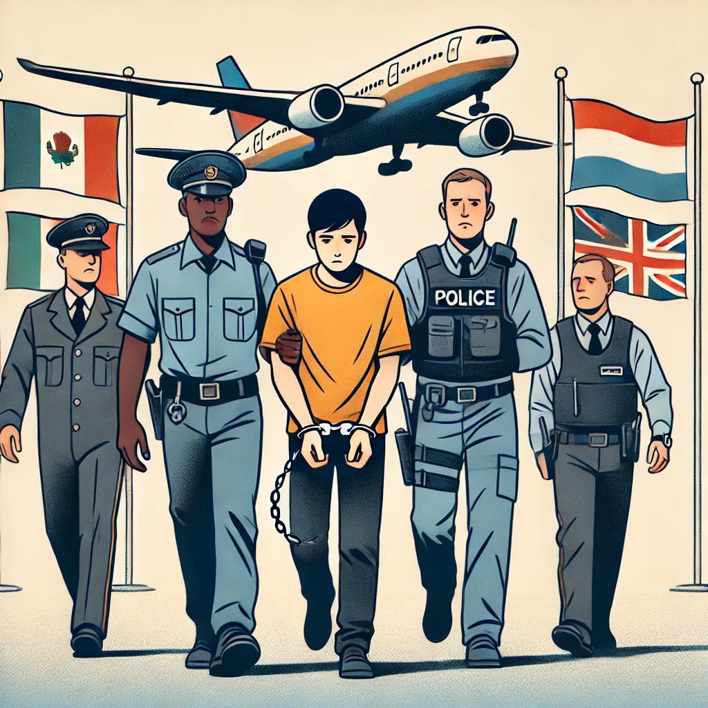 Single-panel comic of international extraditions showing a handcuffed person escorted by officers from different countries near a plane