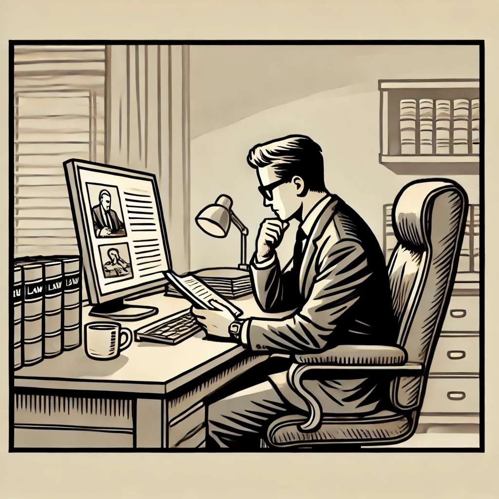 A single-panel comic illustration of a lawyer in a suit, deeply focused on reading legal documents on his computer in a professional office setting. The scene includes law books, a coffee cup, and a tidy desk, capturing the essence of legal work. Advocate Daily brings legal insights