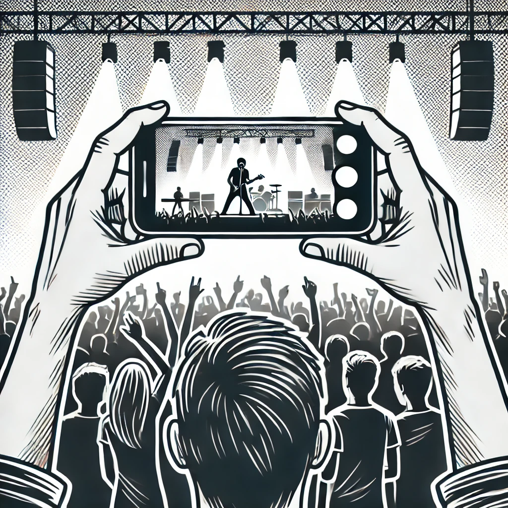 A person recording a live show on their phone while others share a concert experience in the crowd.