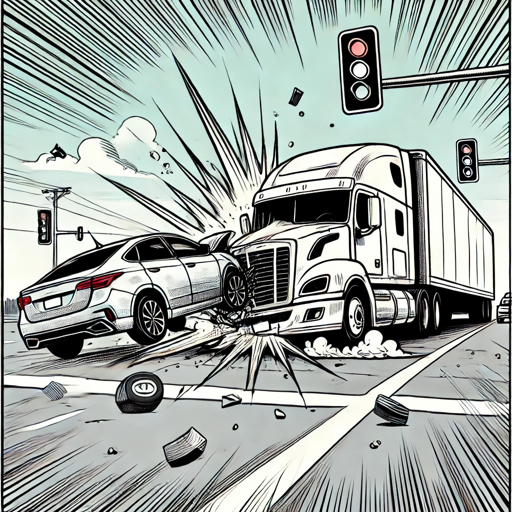 Cartoon of a semi-truck crash at an intersection, illustrating a Truck Accident Lawsuit