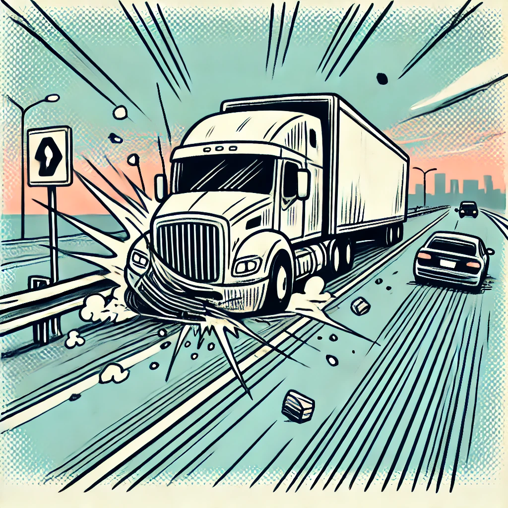 Cartoon of a jackknifed semi-truck on a highway after a crash, representing a Truck Accident Lawsuit