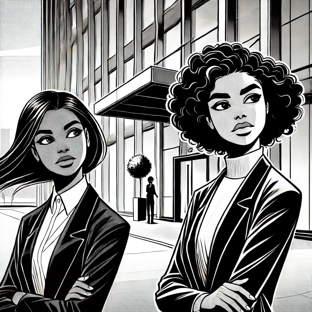 Black and white comic-style illustration of two Black women standing outside an office building, symbolizing efforts to combat racism.