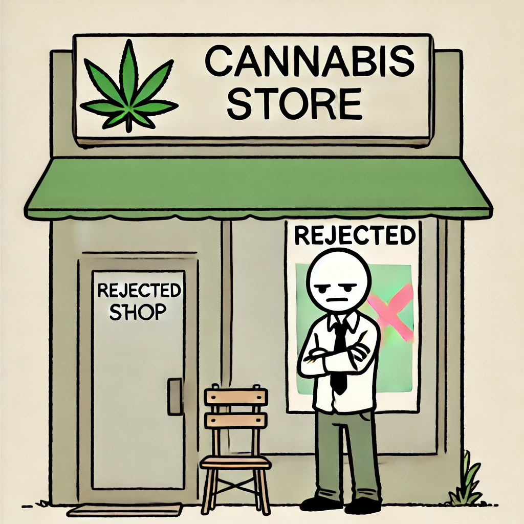 Frustrated store owner holding a rejected colorful ad in front of a plain cannabis shop, reflecting The Cannabis Act restrictions.