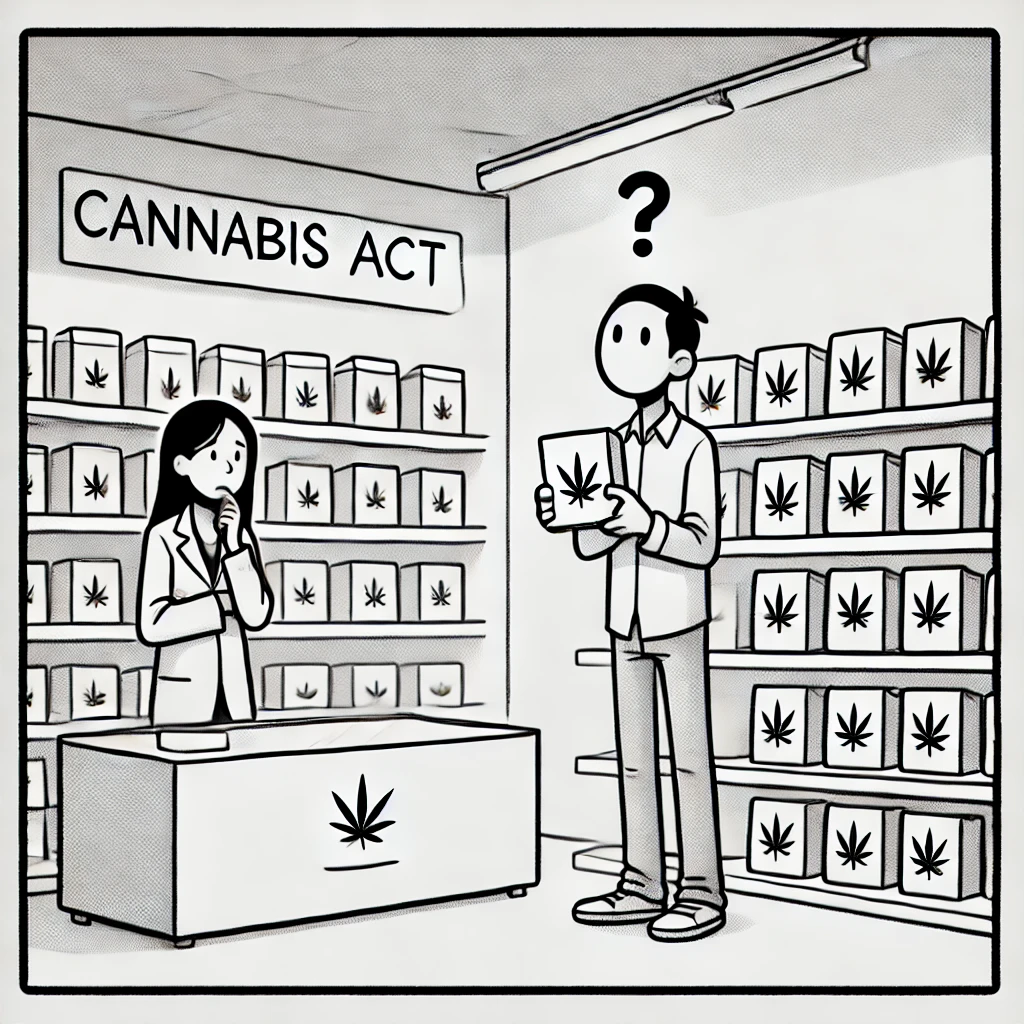 Frustrated cannabis shop employee holds a plain product while a confused customer examines dull packaging, illustrating The Cannabis Act restrictions.