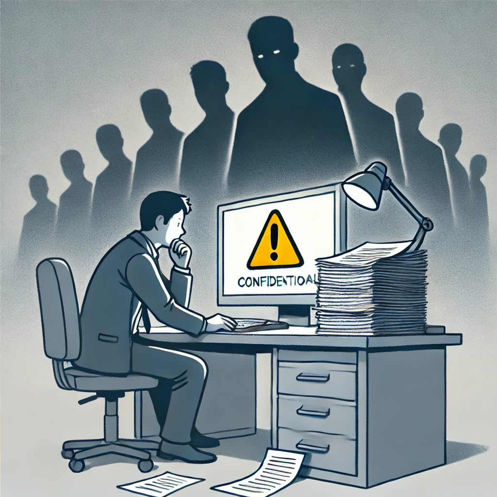 A corporate whistleblower anxiously sits at a desk, glancing over their shoulder at shadowy figures, symbolizing corporate pressure.