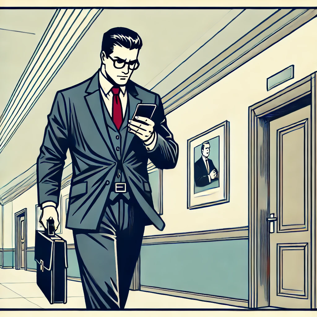 A single-panel comic of a lawyer walking down a hallway, reading news on his phone. Advocate Daily keeps him informed on the go.