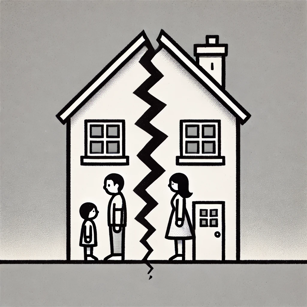 Image of a house splitting apart as a family stands in front, cartoon style, no text. Representing the Divorce Act Amendments