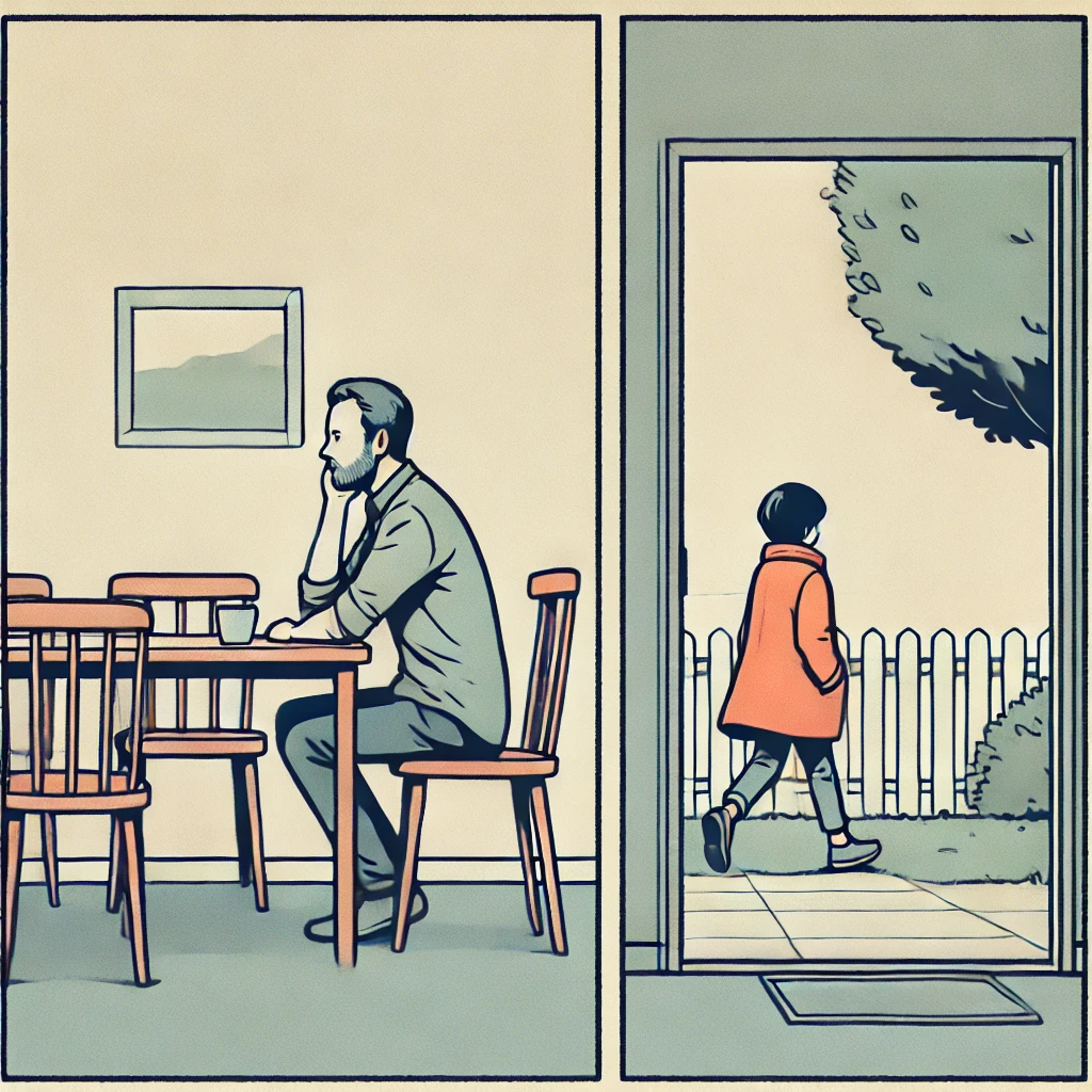 A minimalist comic-style illustration depicting an estrangement case. A parent sits alone at a dining table, staring at an empty chair, while their adult child walks away outside with hands in their pockets, lost in thought. The muted color palette emphasizes emotional distance and quiet separation.