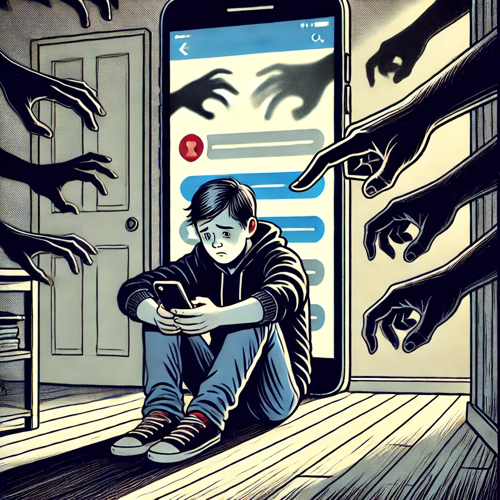 A comic about cyberbullying showing a distressed teen as shadowy hands emerge from their phone, symbolizing online harassment.