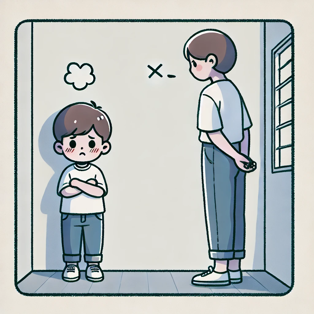 A simple cartoon-style comic of a child being punished, standing in a timeout corner with a sad expression while a parent observes. The scene emphasizes emotions and discipline and relates to the question "should you spank your child". No text or speech bubbles.