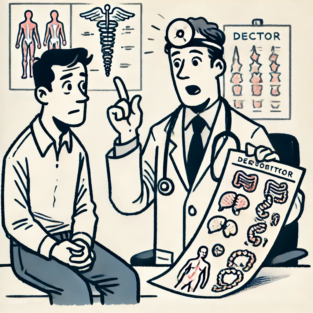 A patient looks skeptical as a doctor confidently gestures to a medical chart, highlighting the need for objective medical opinions.