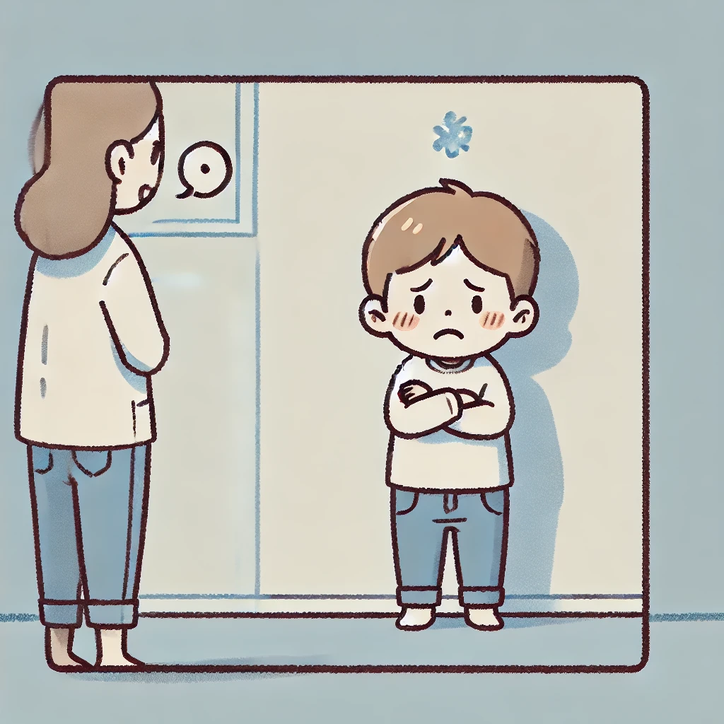 A cartoon-style comic of a parent disciplining their child, with the child standing in a corner looking sad while the parent observes with a firm stance. Do you spank your child? The scene focuses on emotions and discipline. No text or speech bubbles.