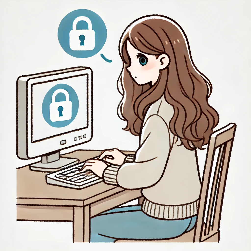 A young woman sits at a computer, cautiously browsing with a lock symbol subtly incorporated into the scene, representing social media skepticism and safe internet use.