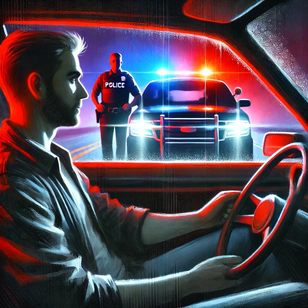 Stylized digital painting of a tense driver gripping the wheel while being pulled over without a licence, with dramatic police lights reflecting off the car and road