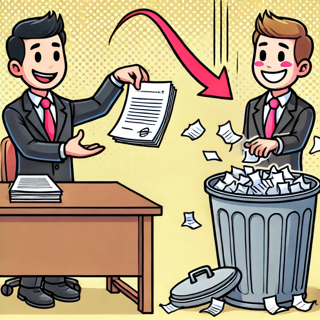 Comic-style illustration of broker negligence in Vancouver, showing an insurance broker handing a document to a client while the document is accidentally shredded in the background