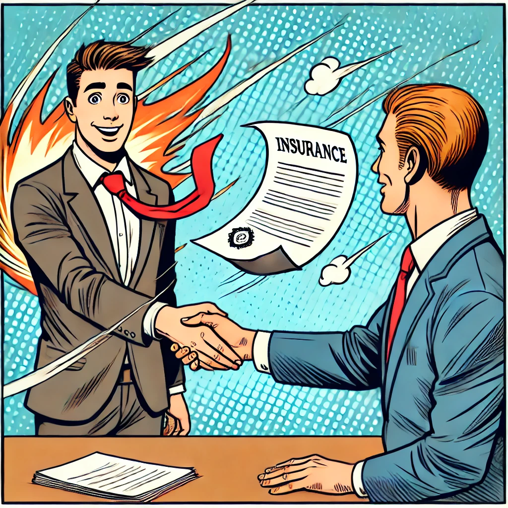 Comic-style illustration of broker negligence in Vancouver, showing an insurance broker shaking hands with a client while a crucial document blows away in the wind