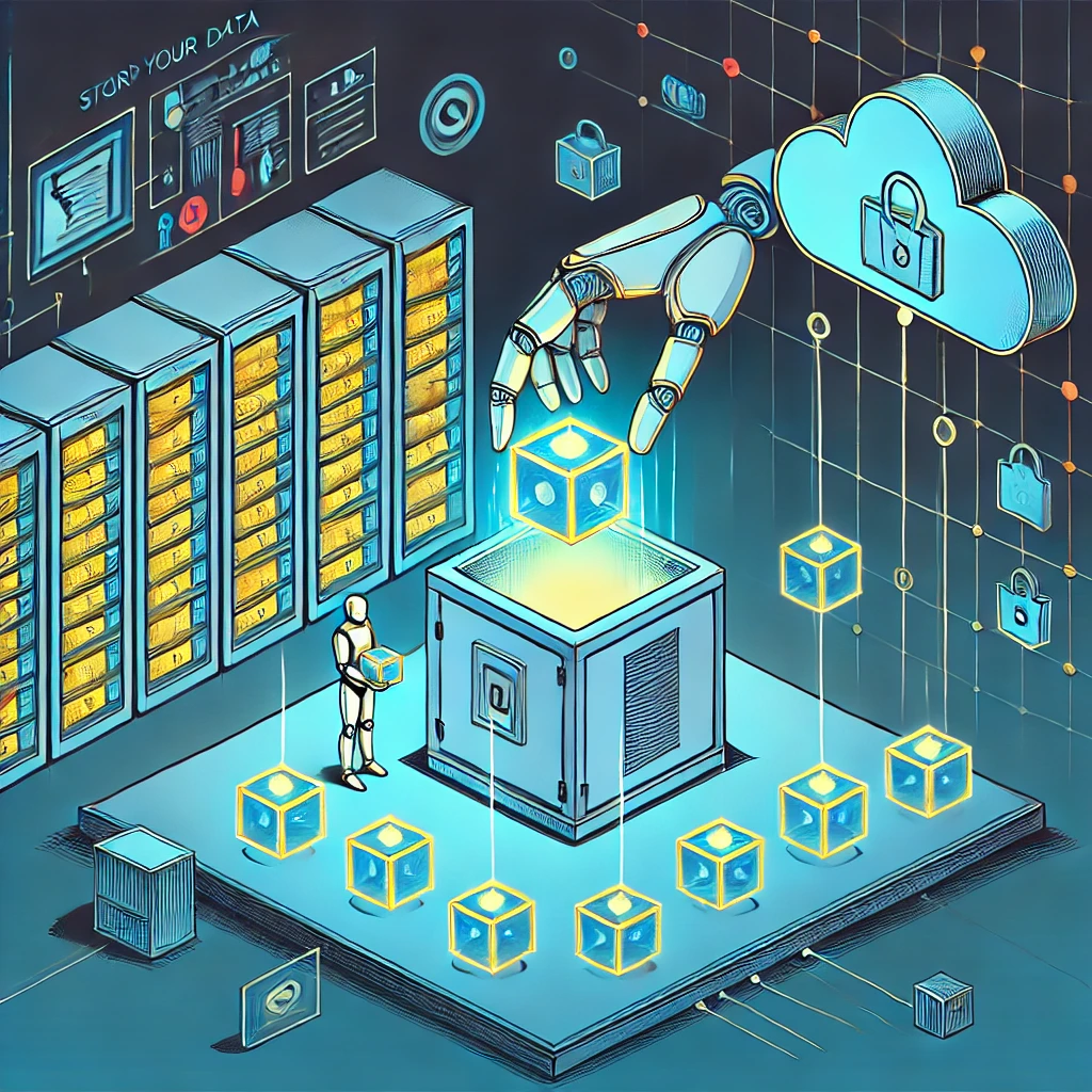 A futuristic comic-style illustration of a robotic figure that will legally hold data about you by placing a glowing data cube into a secured storage unit, with floating holographic storage units in the background.