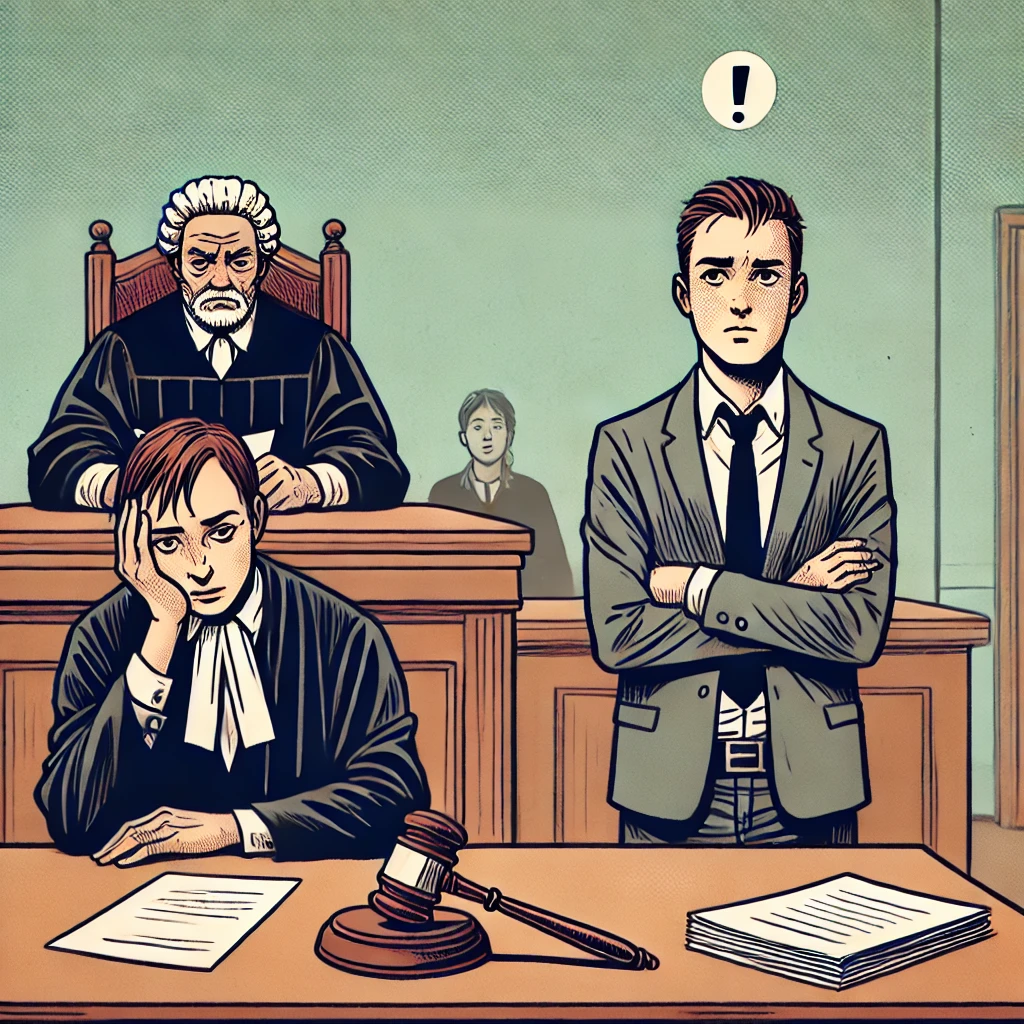 A courtroom scene depicting a frustrating legal battle with narcissist. One person looks drained at a table full of paperwork, while the opponent remains calm. The judge appears indifferent.