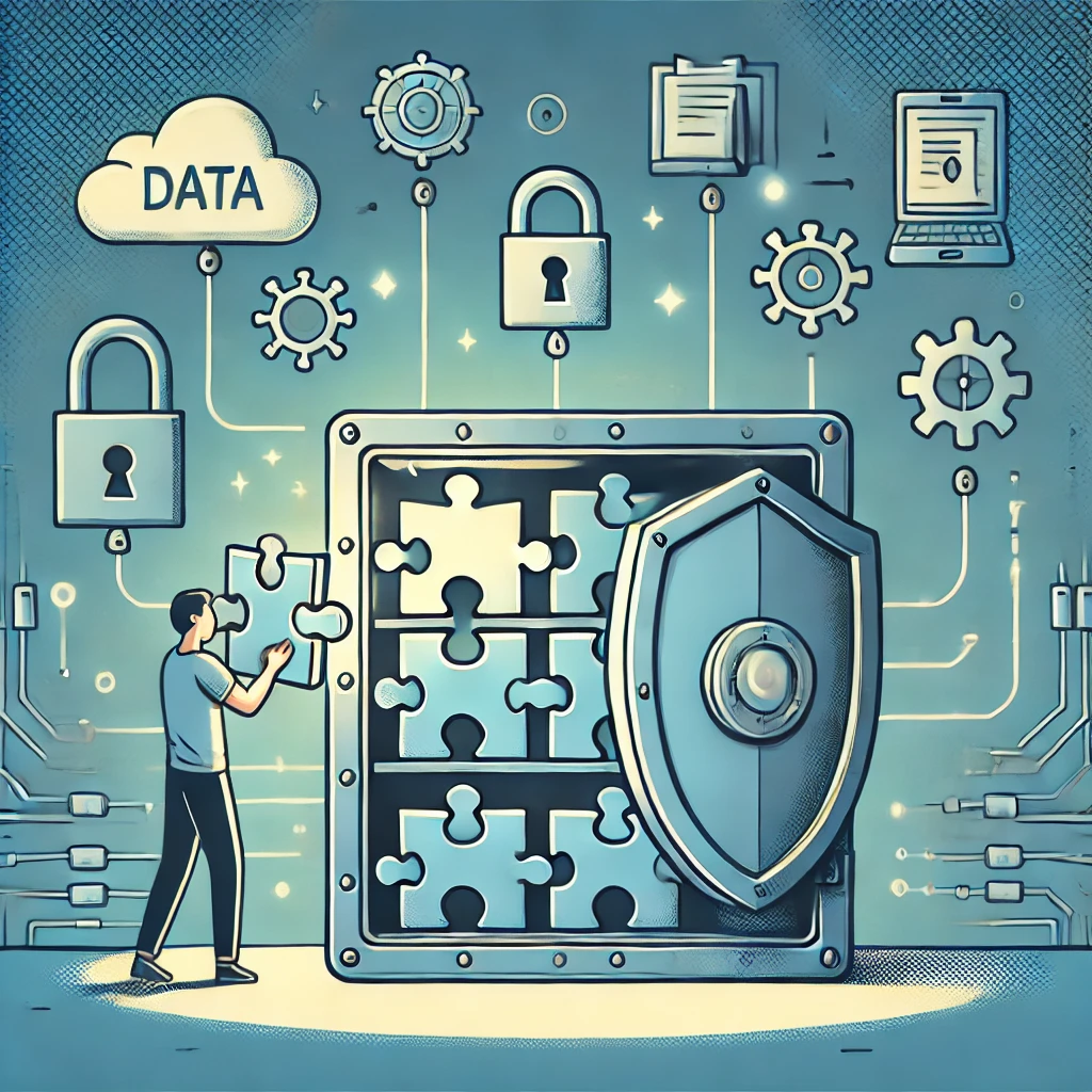 A comic-style illustration of a person legally hold data about you by placing glowing puzzle pieces into a secure vault, surrounded by a protective shield with digital circuits and cloud icons in the background.