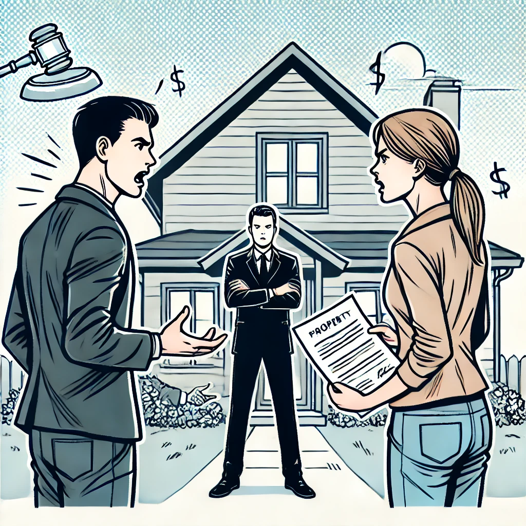 Comic-style image of a real estate dispute showing two individuals pointing at a property document while a lawyer stands between them