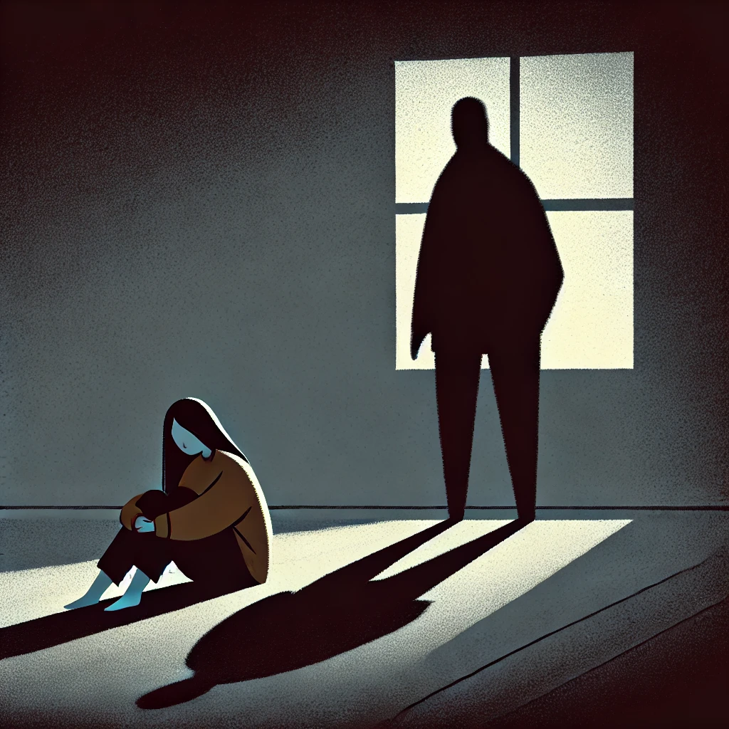 A minimalist comic showing an emotionally abusive relationship. A person sits on the floor, isolated and sad, while their controlling partner looms over them, casting a dark shadow. The tense atmosphere reflects the need to Stand Against Abusive Relationships.