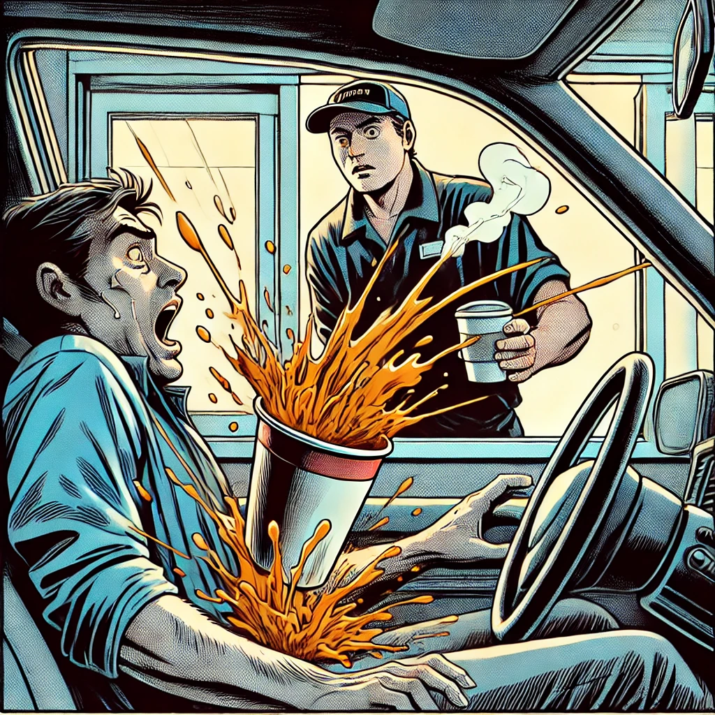 A serious comic-style illustration of a drive-thru accident where a customer spills boiling hot tea onto their lap after the cup collapses, with steam rising and expressions of shock and pain.