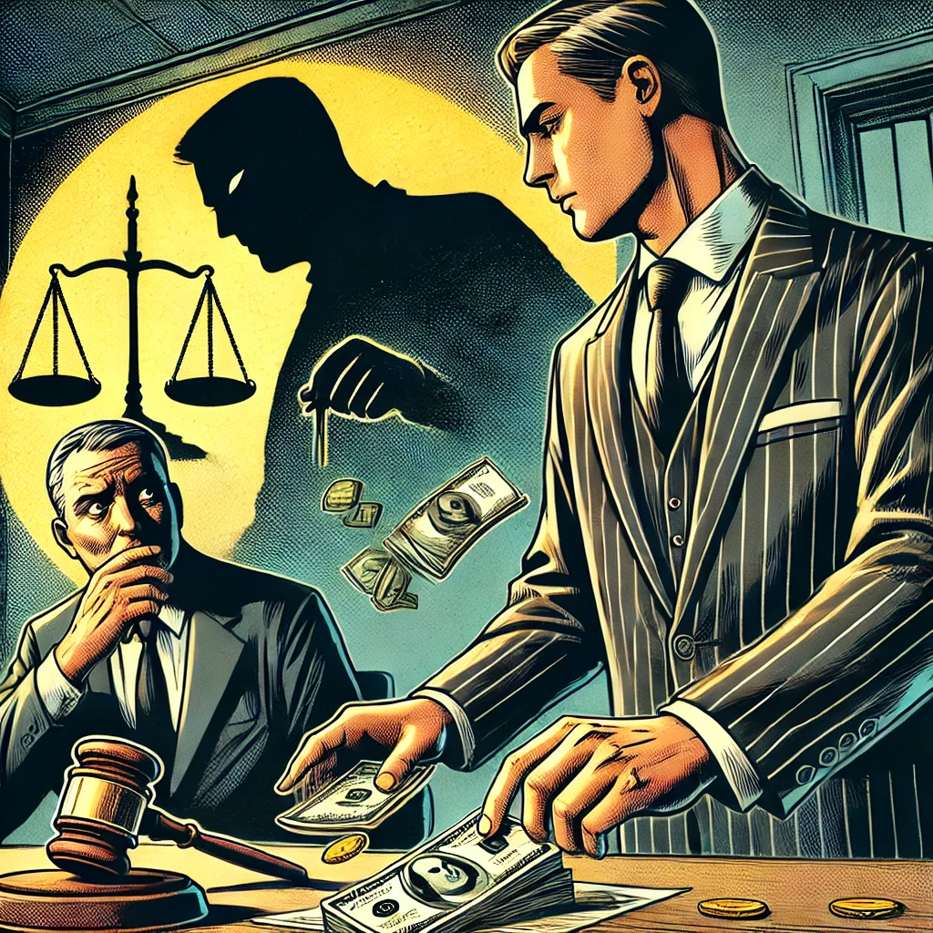 A lawyer in Vancouver in a suit discreetly taking money from a trust fund while a looming shadow represents legal oversight and consequences. A concerned client watches with worry, emphasizing the seriousness of the misconduct.