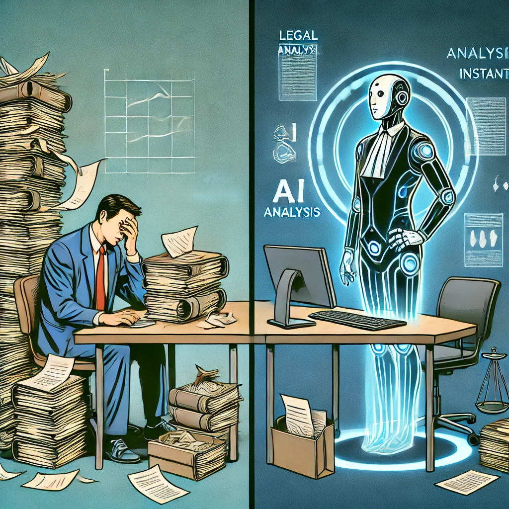 A minimalist comic-style illustration showing the future of case briefing. On one side, a stressed lawyer is buried under stacks of legal documents. On the other side, a futuristic lawyer seamlessly interacts with a glowing AI hologram, symbolizing that AI is the future