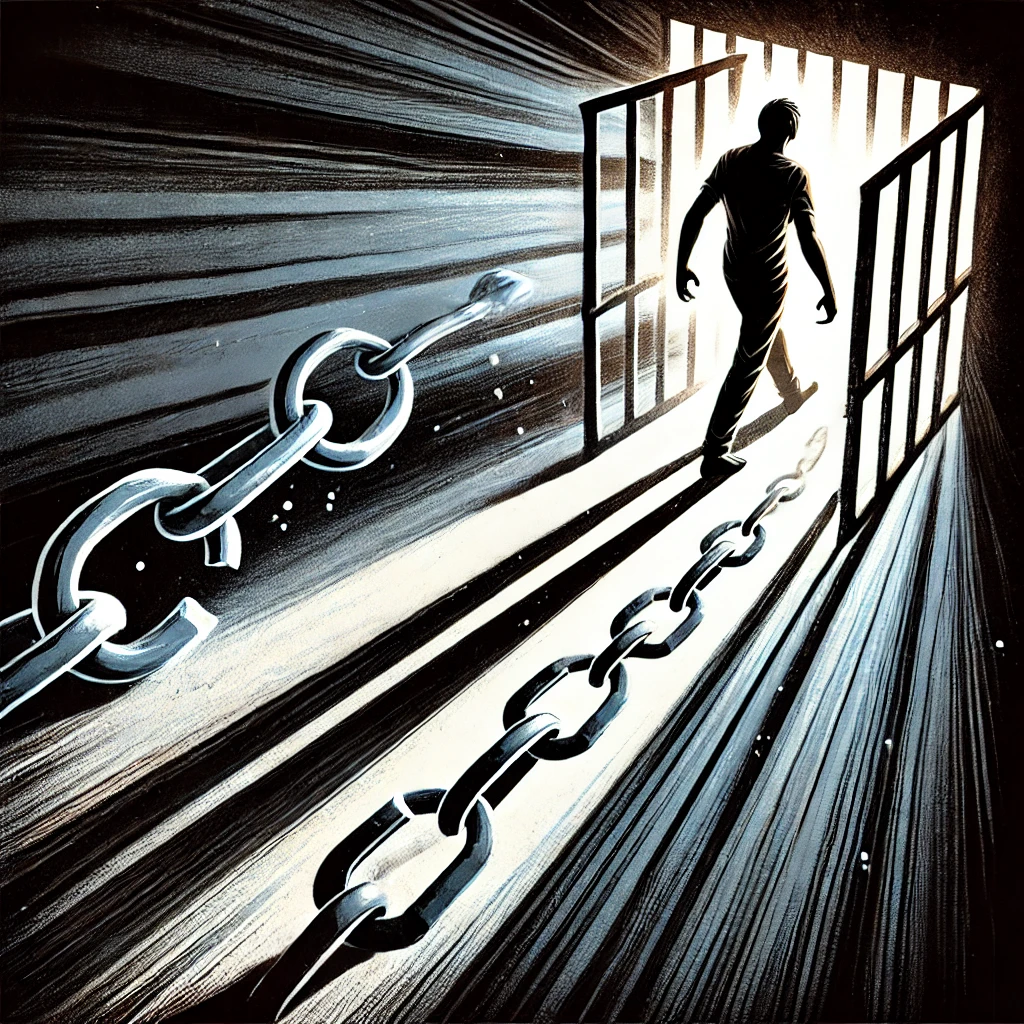 A dramatic illustration of a person stepping out of a dark, cage-like shadow into the light, breaking free from chains. A powerful visual to Stand Against Abusive Relationships