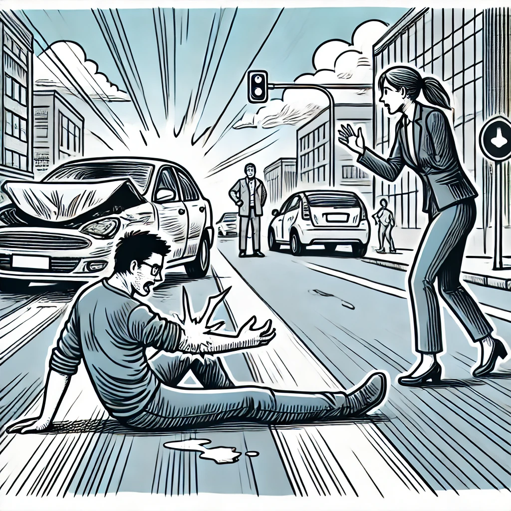 Comic-style illustration of a road accident injury. A person sits on the ground, holding their arm in pain after a minor collision, while a concerned bystander watches. A slightly damaged car is in the background on a city street. Injuries You May Not Notice can develop after an accident.