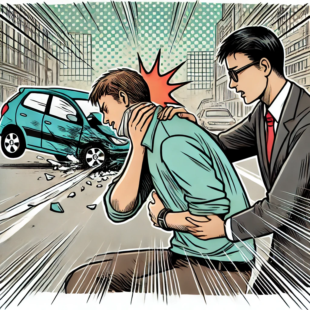 Comic-style illustration of a road accident injury. A person holds their neck in pain after a minor car crash, while another person looks concerned. The background features a slightly damaged car on a city street. Injuries You May Not Notice can appear after a crash, even if they seem minor at first.