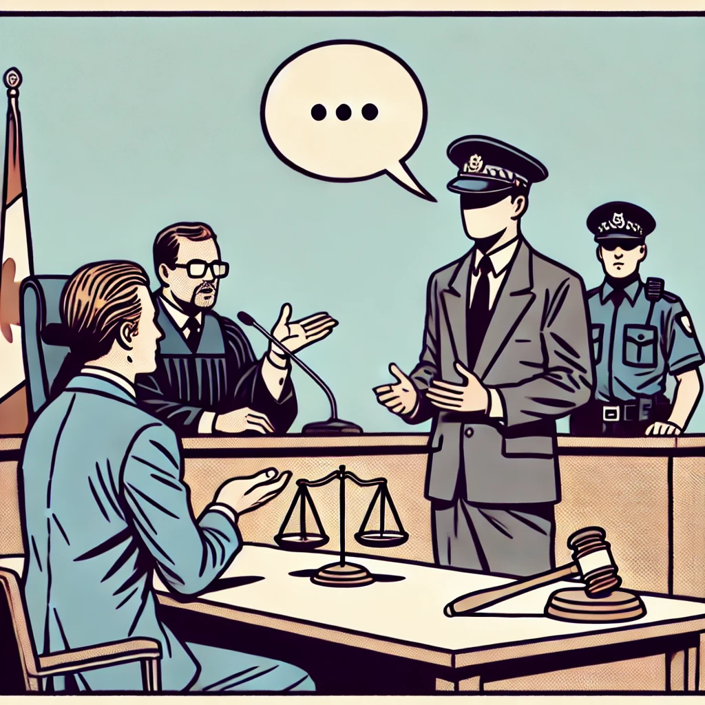 Single-panel comic of a courtroom scene depicting bail in Canada, with a judge, lawyer, defendant, and police officer.