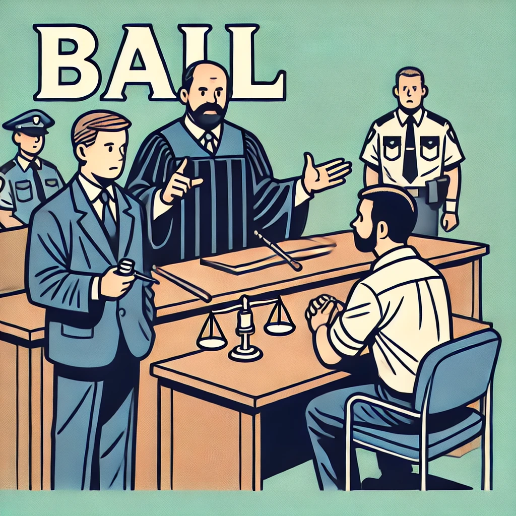 Illustration of a bail in Canada process, showing a judge, a lawyer advocating, and a defendant in a courtroom setting