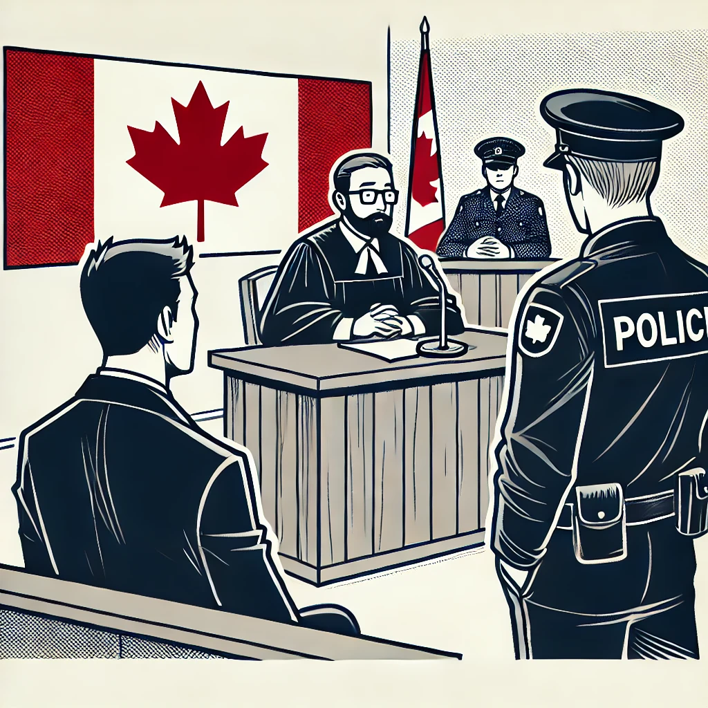 Minimalist comic of a legal proceeding for bail in Canada, featuring a judge, a lawyer speaking, and a defendant standing