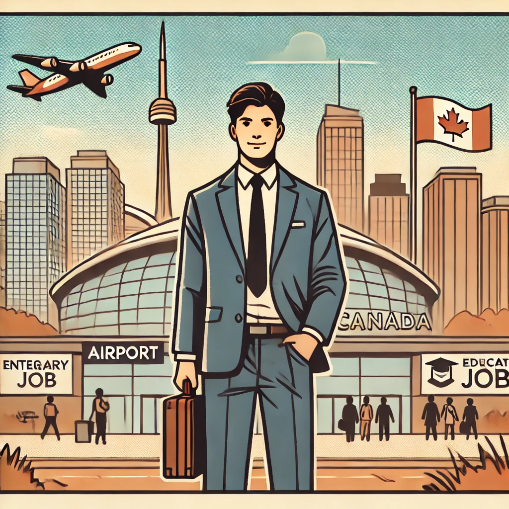 Comic-style illustration of an immigrant's financial journey in Canada, showing progress from arrival to career success. Financial status of immigrants