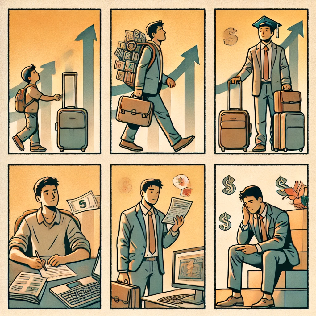 Comic-style illustration showing an immigrant’s financial journey in Canada, from arrival to career success. Financial status of immigrants