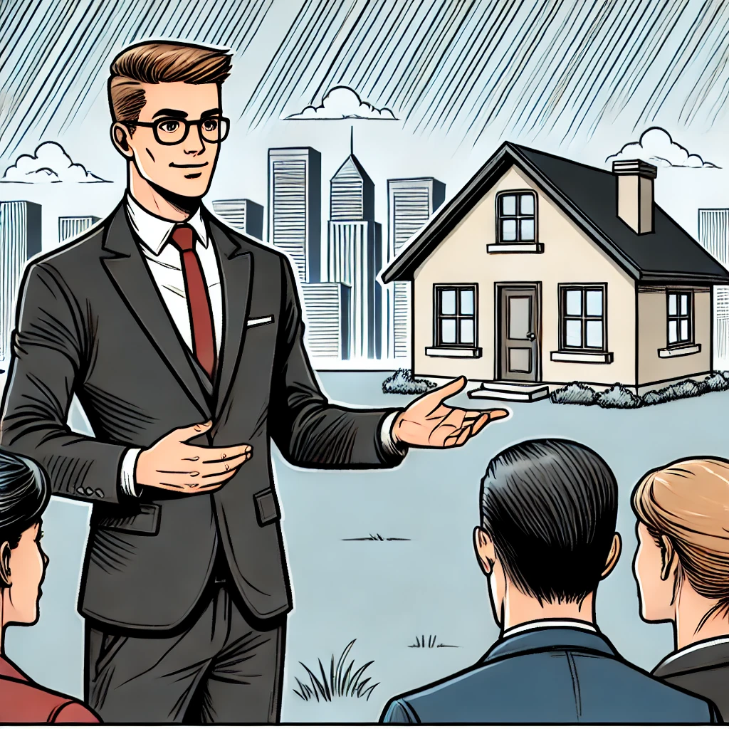 Single-panel comic of a real estate agent showing a property to clients, with a city skyline in the background, representing Vancouver real estate brokerages