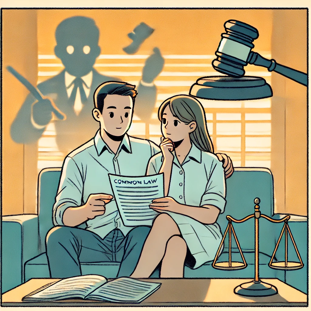 Single-panel comic of a couple sitting at a table, reviewing legal documents, with a gavel and scales of justice subtly in the background about Common law relationships