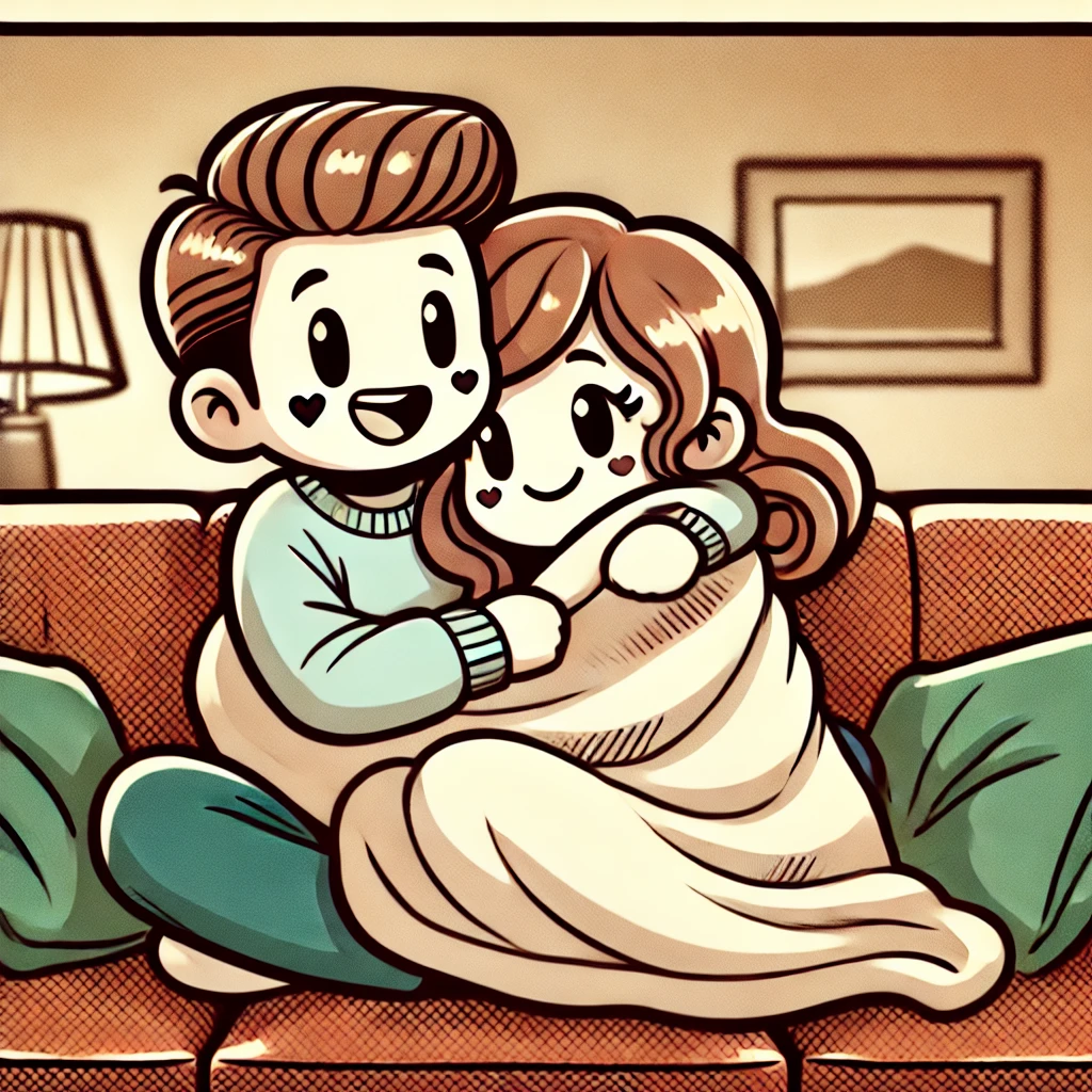 Cartoon-style comic of a man and woman cuddling on a cozy couch, wrapped in a blanket with happy expressions in common law relationships