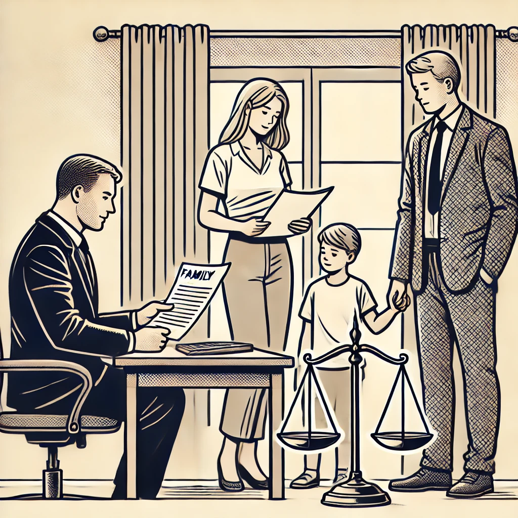 Single-panel comic of a lawyer at a desk reviewing documents, with a family nearby, symbolizing family law guardianship in BC