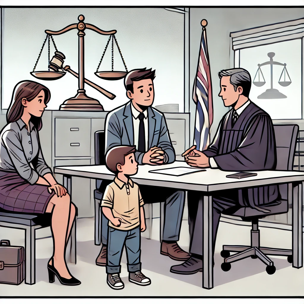 Single-panel comic of parents consulting a lawyer while a child stands nearby, representing family law guardianship in BC