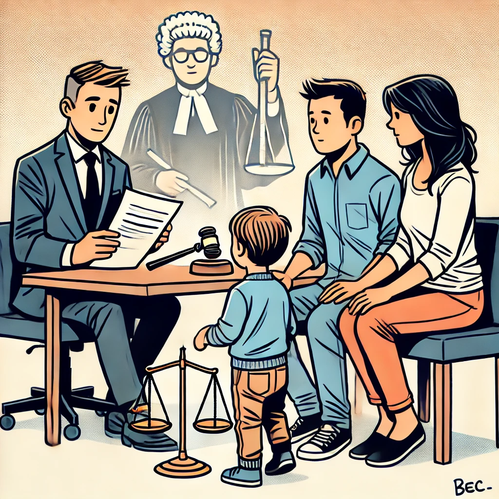 A lawyer meets with two parents in an office as a child looks on, depicting family law guardianship in BC