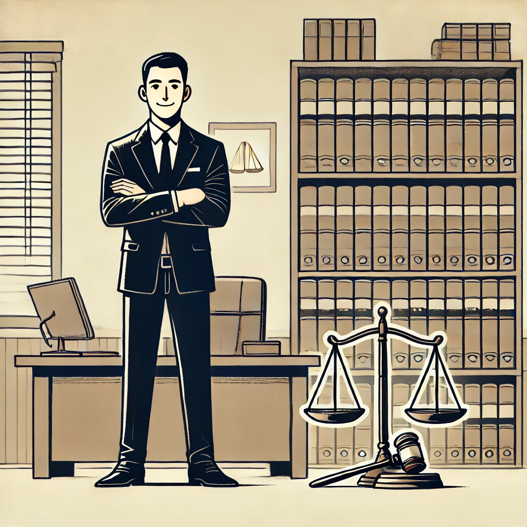 Single-panel comic of a confident lawyer standing in front of a bookshelf filled with law books, with a gavel and scales of justice on a desk with litigation in Vancouver